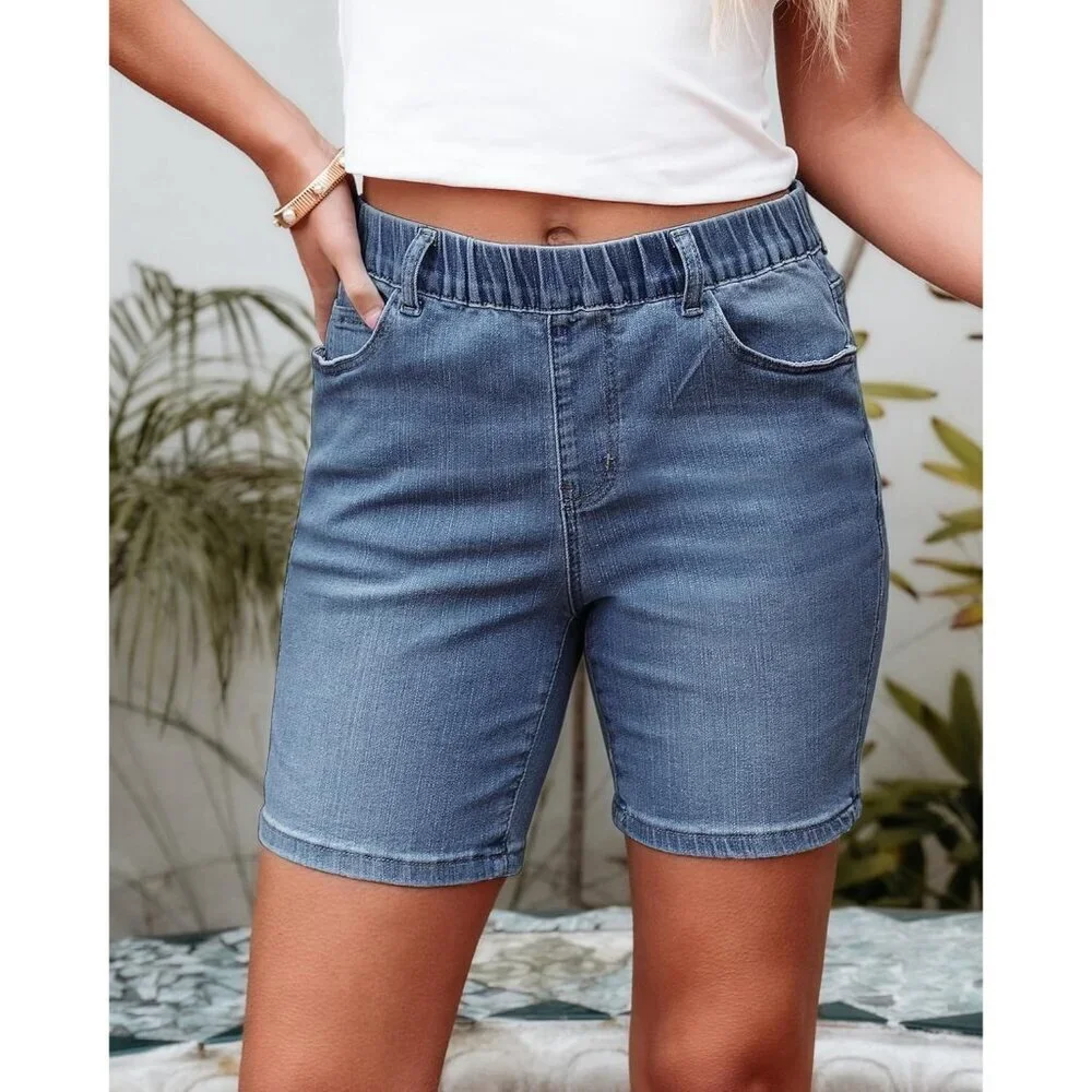 Women’s Jean Shorts Stretchy Mid Rise Casual Long Denim Summer Fashion